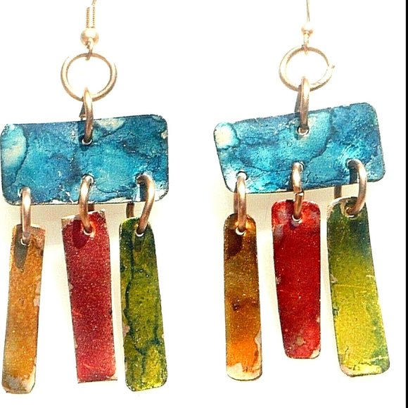 Modernist Hand Painted Colorful Solid Pure Copper Handmade Earrings Dangle Drop - Picture 2 of 5